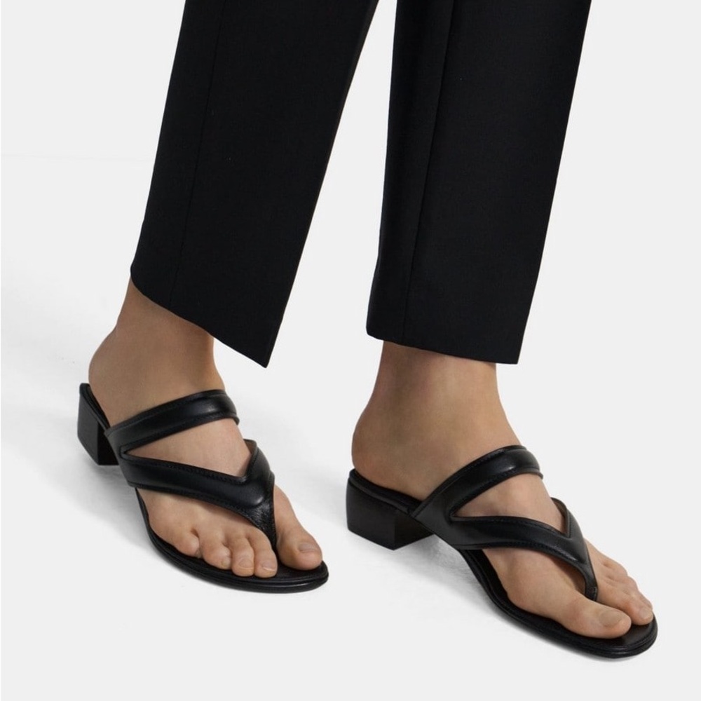 THEORY Belted Black Leather Open Toe Heeled Sandals